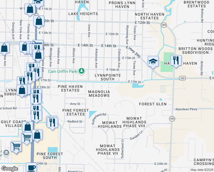 map of restaurants, bars, coffee shops, grocery stores, and more near 1704 Glencoe Drive in Lynn Haven