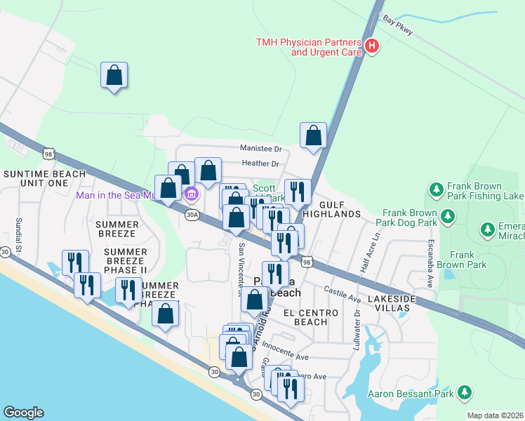 map of restaurants, bars, coffee shops, grocery stores, and more near 113 Palm Circle in Panama City Beach