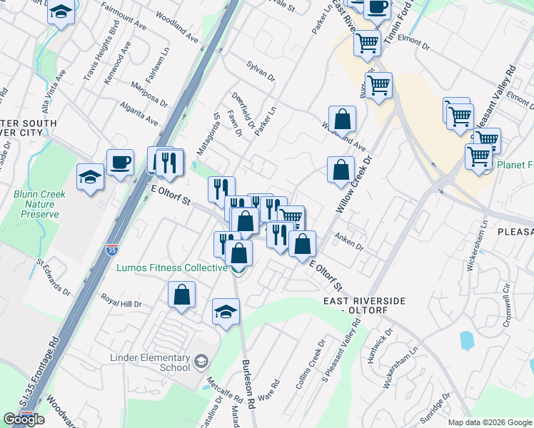 map of restaurants, bars, coffee shops, grocery stores, and more near 2124 Burton Drive in Austin