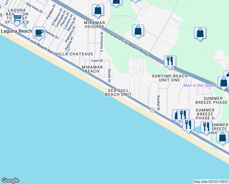 map of restaurants, bars, coffee shops, grocery stores, and more near 17729 Front Beach Road in Panama City Beach
