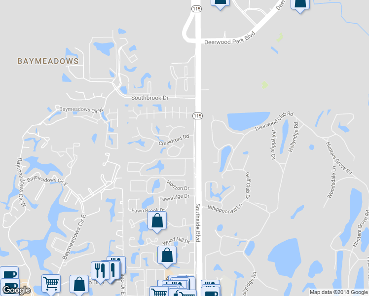 map of restaurants, bars, coffee shops, grocery stores, and more near 507 9820-3 Creekfront Ap in Jacksonville