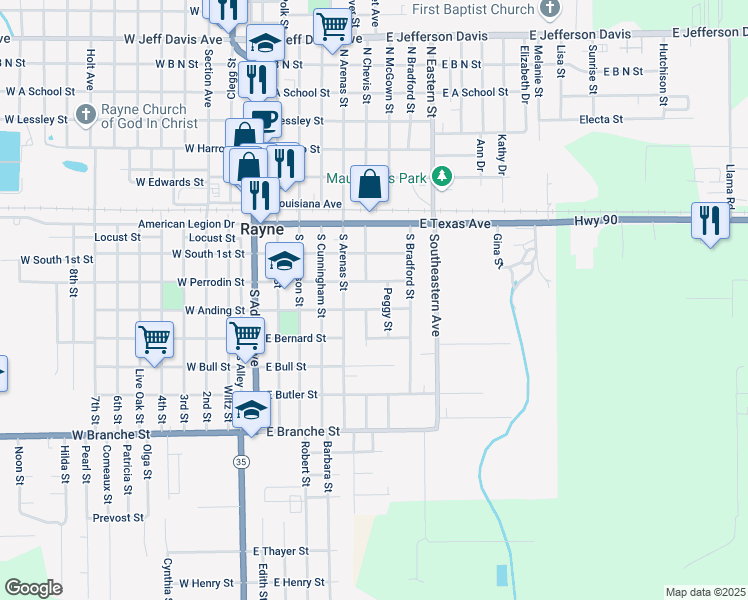 map of restaurants, bars, coffee shops, grocery stores, and more near 607 East Anding Street in Rayne