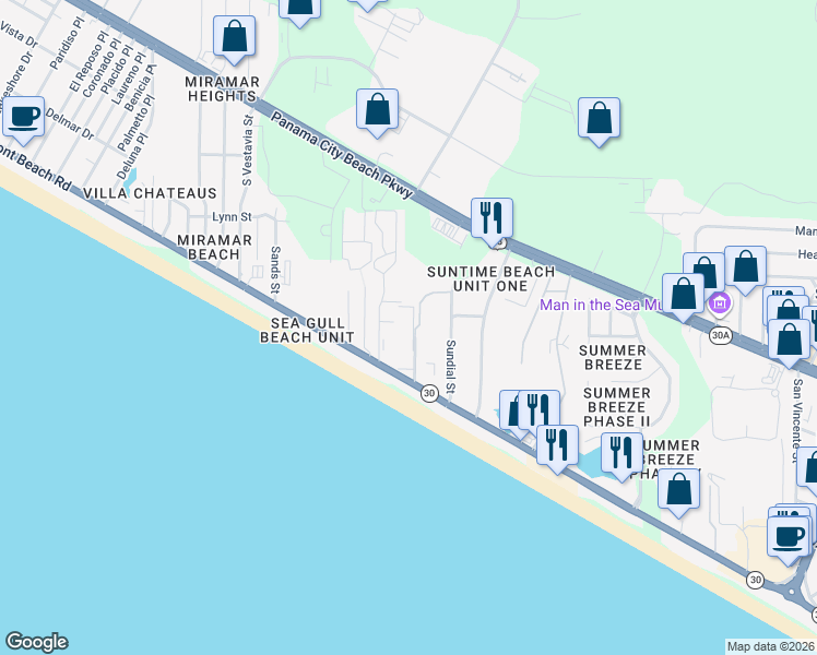 map of restaurants, bars, coffee shops, grocery stores, and more near 17620 Front Beach Road in Panama City Beach