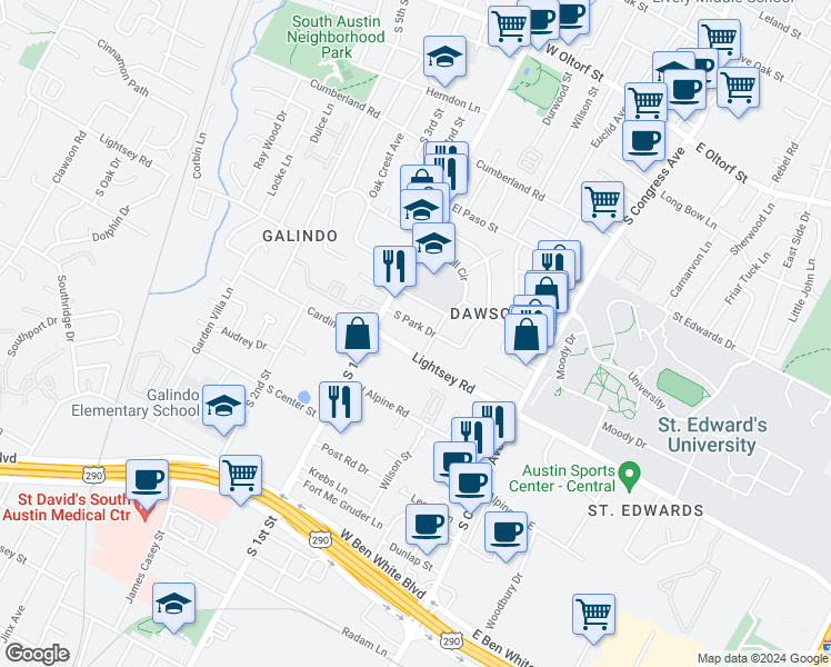 map of restaurants, bars, coffee shops, grocery stores, and more near 505 South Park Drive in Austin