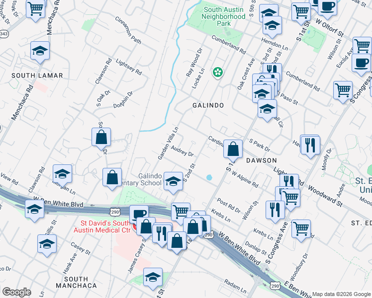 map of restaurants, bars, coffee shops, grocery stores, and more near 3604 Villa Court in Austin