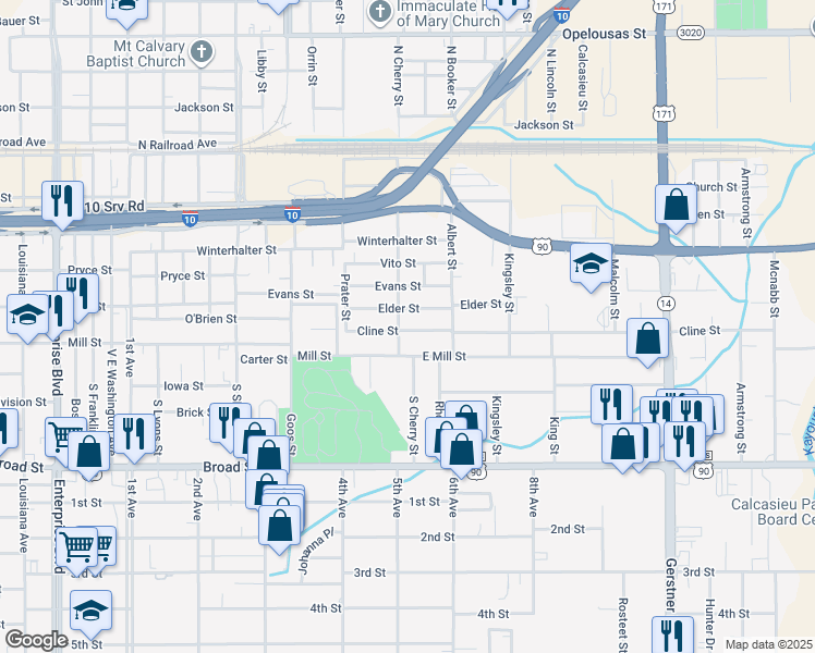 map of restaurants, bars, coffee shops, grocery stores, and more near 515 South Cherry Street in Lake Charles