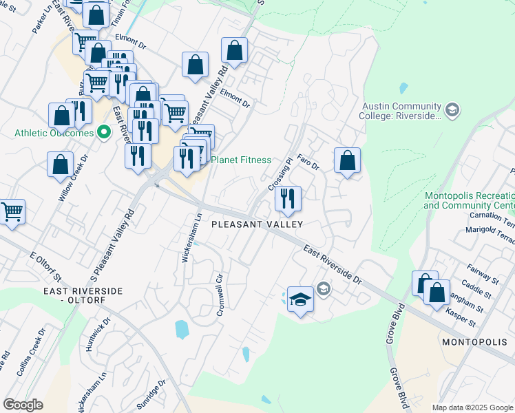 map of restaurants, bars, coffee shops, grocery stores, and more near 1901 Crossing Place in Austin