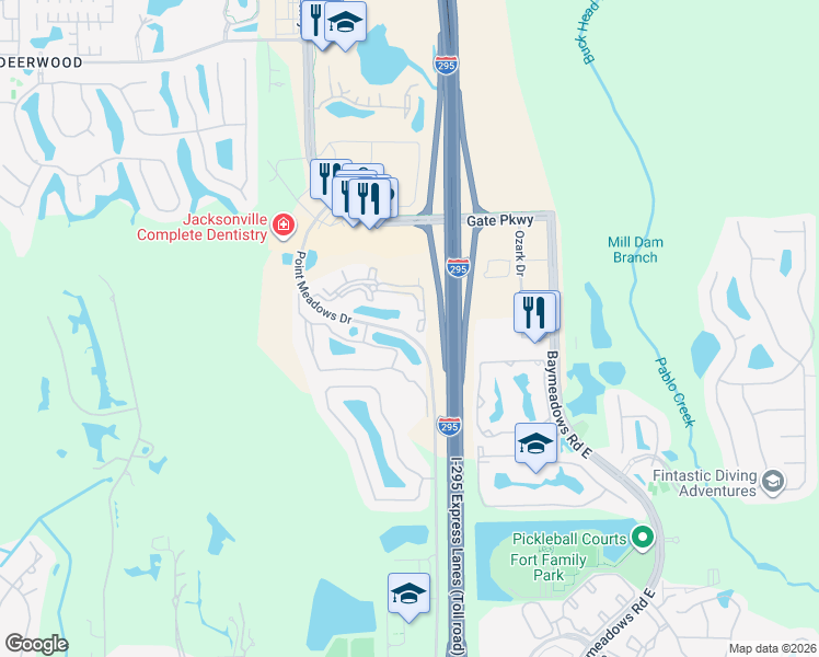 map of restaurants, bars, coffee shops, grocery stores, and more near 7801 Point Meadows Drive in Jacksonville