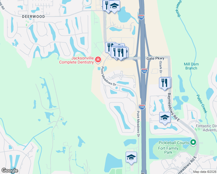 map of restaurants, bars, coffee shops, grocery stores, and more near 7800 Point Meadows Drive in Jacksonville