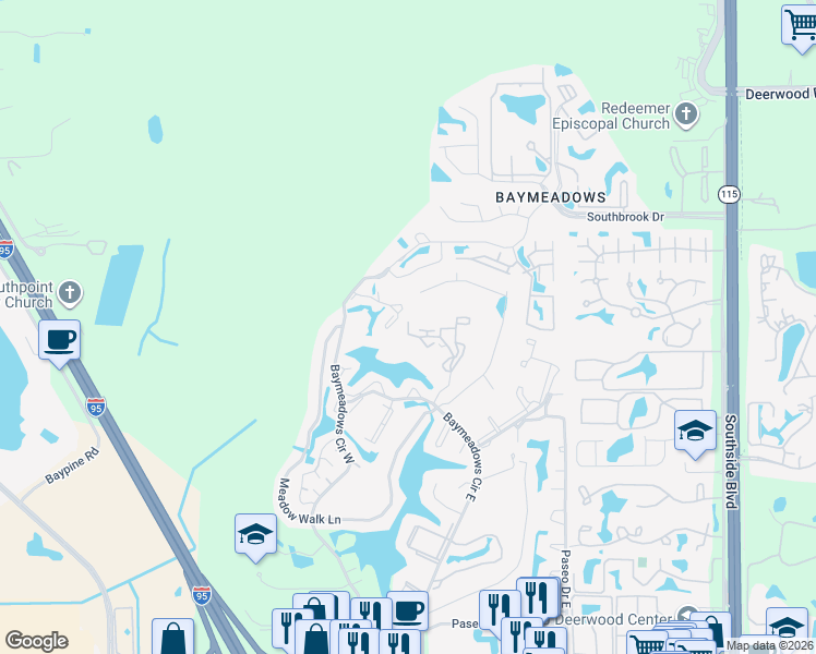 map of restaurants, bars, coffee shops, grocery stores, and more near 7701 Bay Meadows Circle in Jacksonville