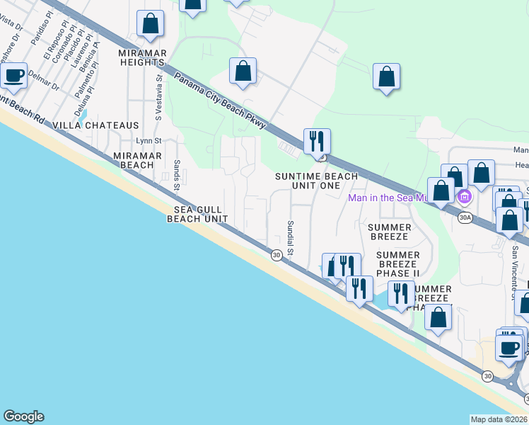 map of restaurants, bars, coffee shops, grocery stores, and more near 17620 Front Beach Road in Panama City Beach