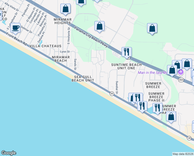 map of restaurants, bars, coffee shops, grocery stores, and more near 17642 Front Beach Road in Panama City Beach