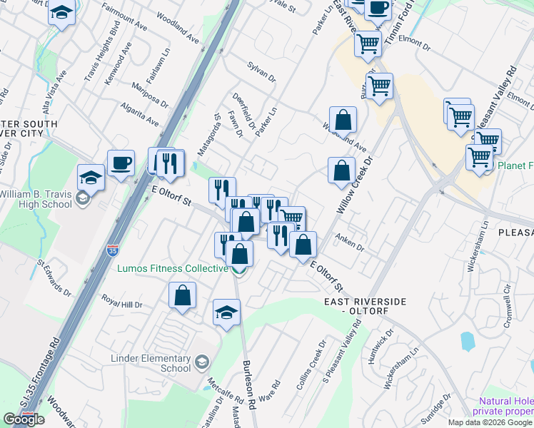 map of restaurants, bars, coffee shops, grocery stores, and more near 2124 Burton Drive in Austin