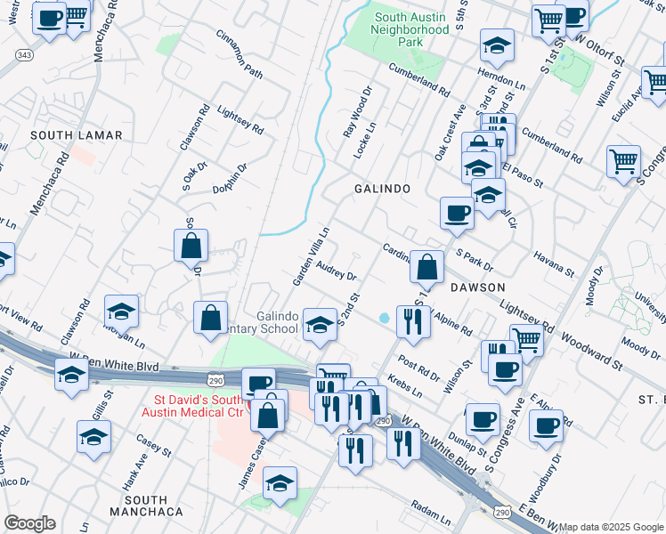 map of restaurants, bars, coffee shops, grocery stores, and more near 3606 Audrey Drive in Austin