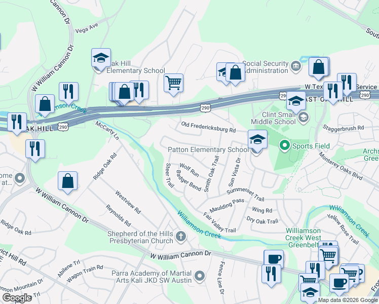 map of restaurants, bars, coffee shops, grocery stores, and more near 5501 Porsche Lane in Austin