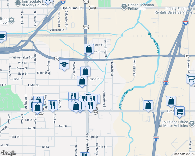 map of restaurants, bars, coffee shops, grocery stores, and more near 2701 Cline St in Lake Charles