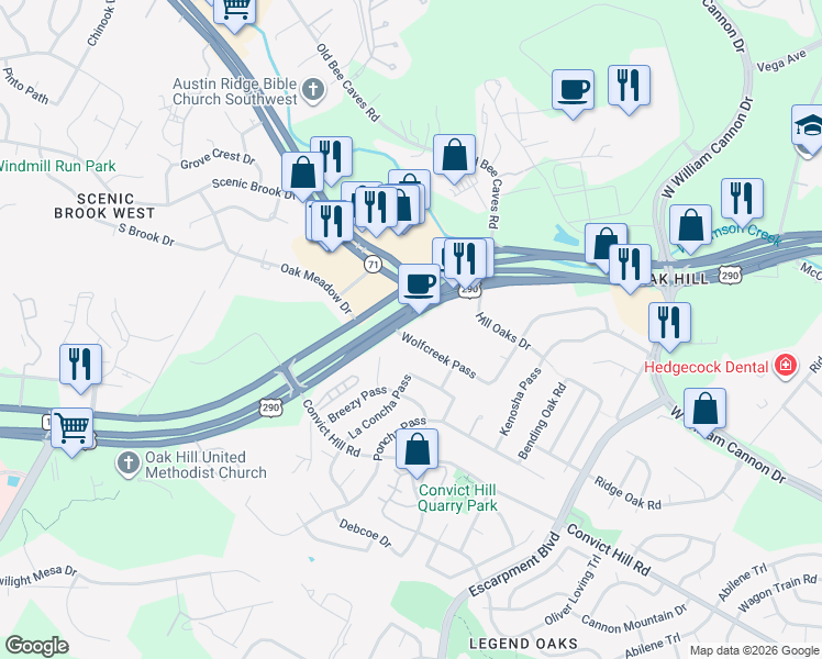 map of restaurants, bars, coffee shops, grocery stores, and more near 7027 U.S. 290 in Austin