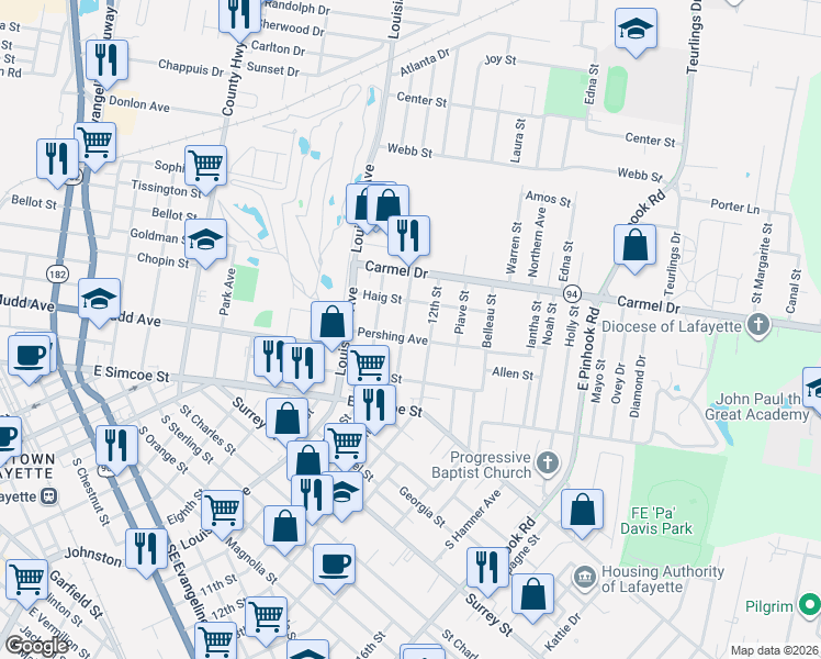 map of restaurants, bars, coffee shops, grocery stores, and more near 1705 12th Street in Lafayette