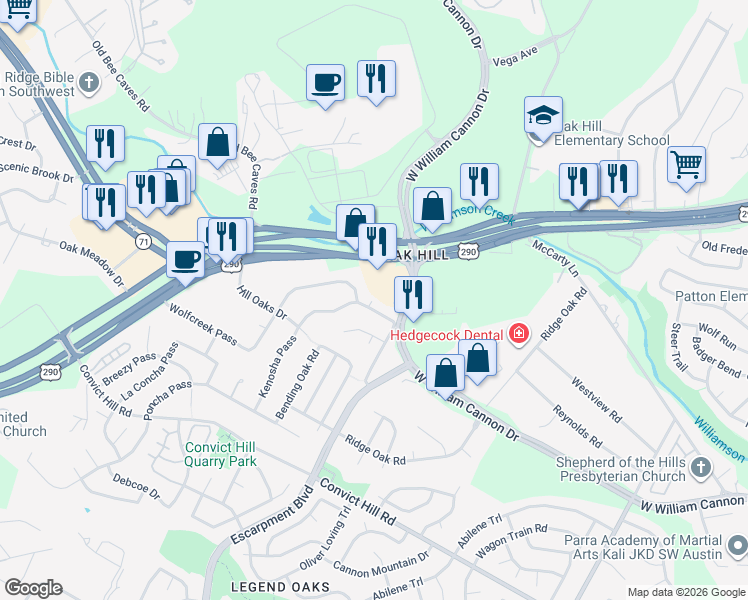map of restaurants, bars, coffee shops, grocery stores, and more near 6806 Kenosha Pass in Austin