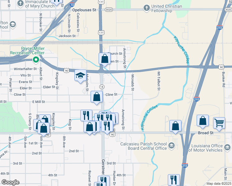 map of restaurants, bars, coffee shops, grocery stores, and more near 2701 Cline St in Lake Charles