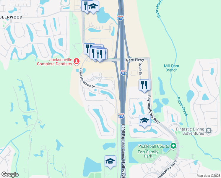 map of restaurants, bars, coffee shops, grocery stores, and more near 7801 Point Meadows Drive in Jacksonville