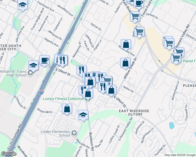 map of restaurants, bars, coffee shops, grocery stores, and more near 2124 Burton Drive in Austin