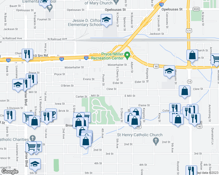 map of restaurants, bars, coffee shops, grocery stores, and more near 2017 Cline Street in Lake Charles