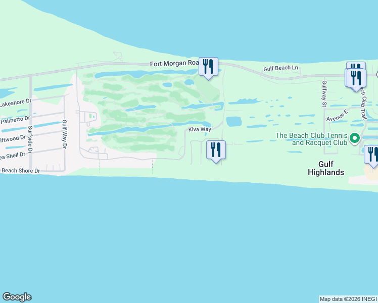 map of restaurants, bars, coffee shops, grocery stores, and more near 545 Plantation Road in Gulf Shores