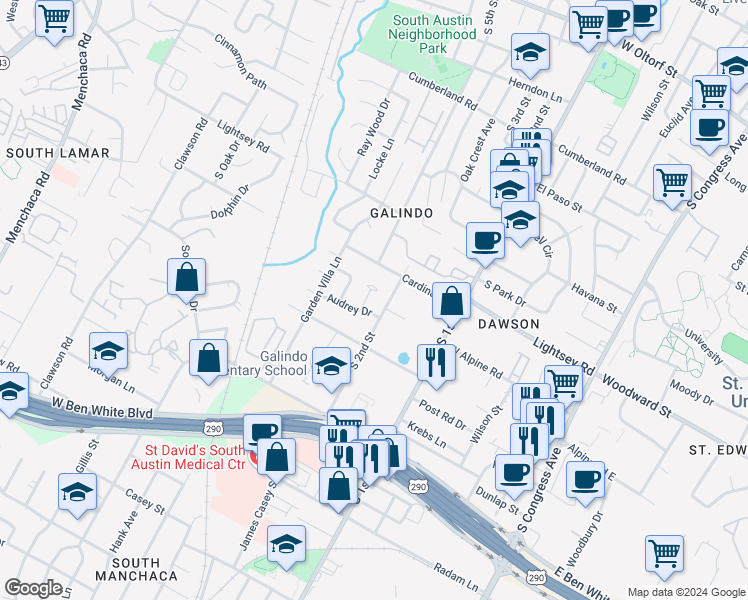 map of restaurants, bars, coffee shops, grocery stores, and more near 3601 Villa Court in Austin