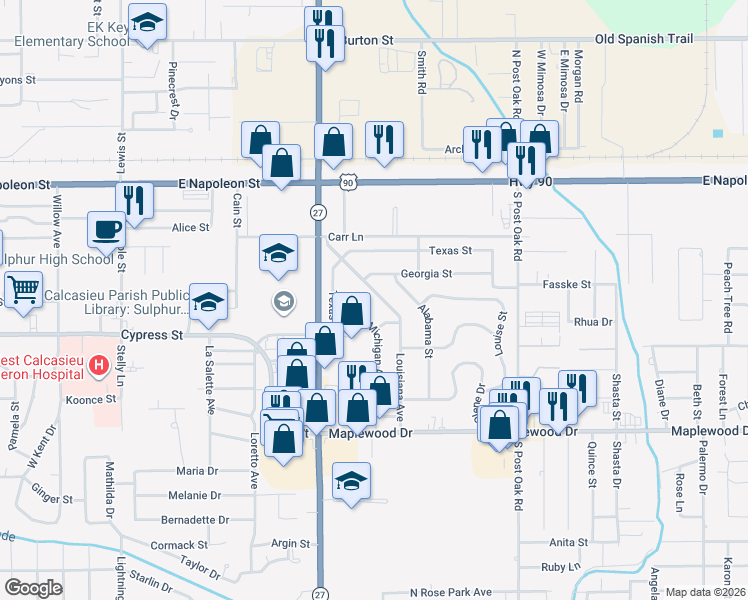 map of restaurants, bars, coffee shops, grocery stores, and more near 306 Louisiana Avenue in Sulphur