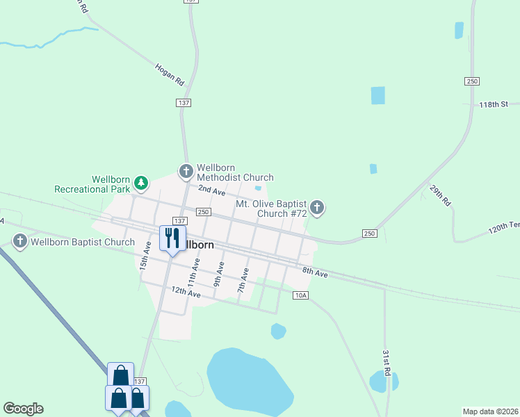 map of restaurants, bars, coffee shops, grocery stores, and more near 202 7th Avenue in Wellborn