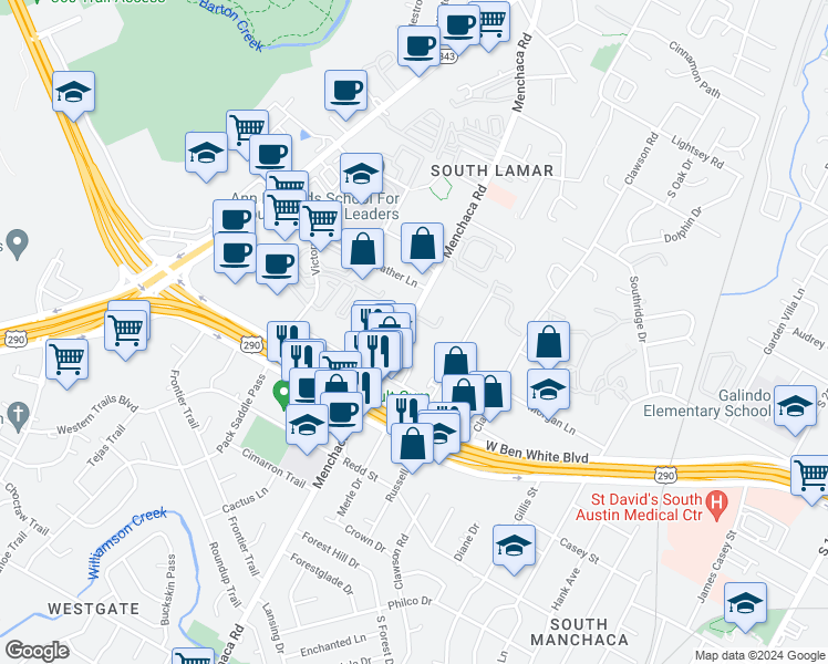 map of restaurants, bars, coffee shops, grocery stores, and more near 4019 Menchaca Road in Austin