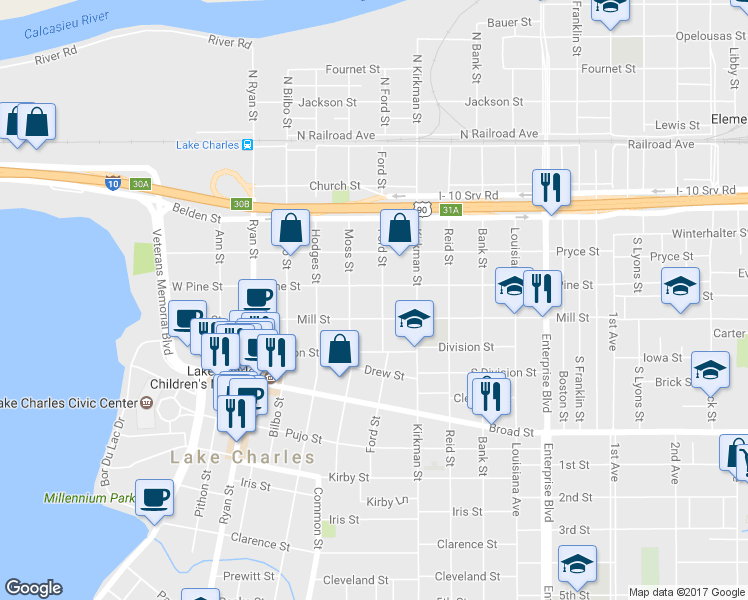 map of restaurants, bars, coffee shops, grocery stores, and more near 518 Ford St in Lake Charles