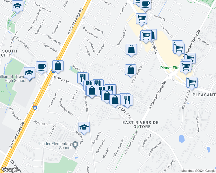 map of restaurants, bars, coffee shops, grocery stores, and more near 2102 Burton Drive in Austin