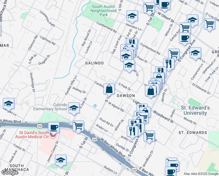 map of restaurants, bars, coffee shops, grocery stores, and more near 601 Cardinal Lane in Austin