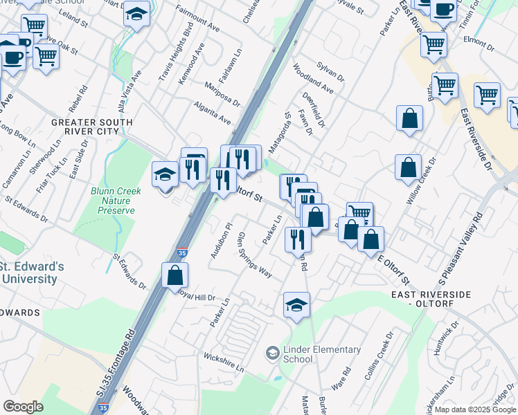 map of restaurants, bars, coffee shops, grocery stores, and more near 2300-2398 Greenfield Parkway in Austin