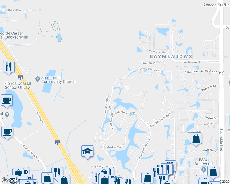 map of restaurants, bars, coffee shops, grocery stores, and more near 7701 Baymeadows Circle West in Jacksonville
