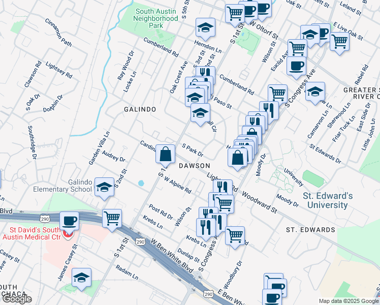map of restaurants, bars, coffee shops, grocery stores, and more near 505 South Park Drive in Austin