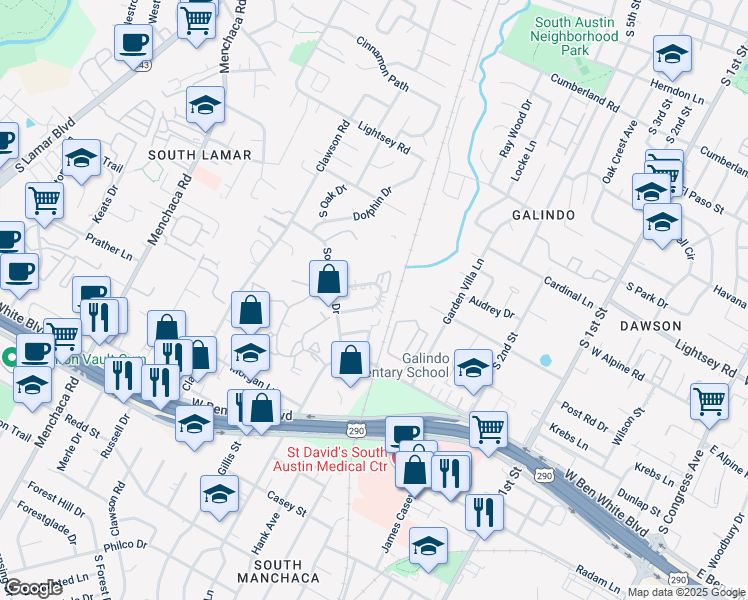 map of restaurants, bars, coffee shops, grocery stores, and more near 1202 Southport Drive in Austin