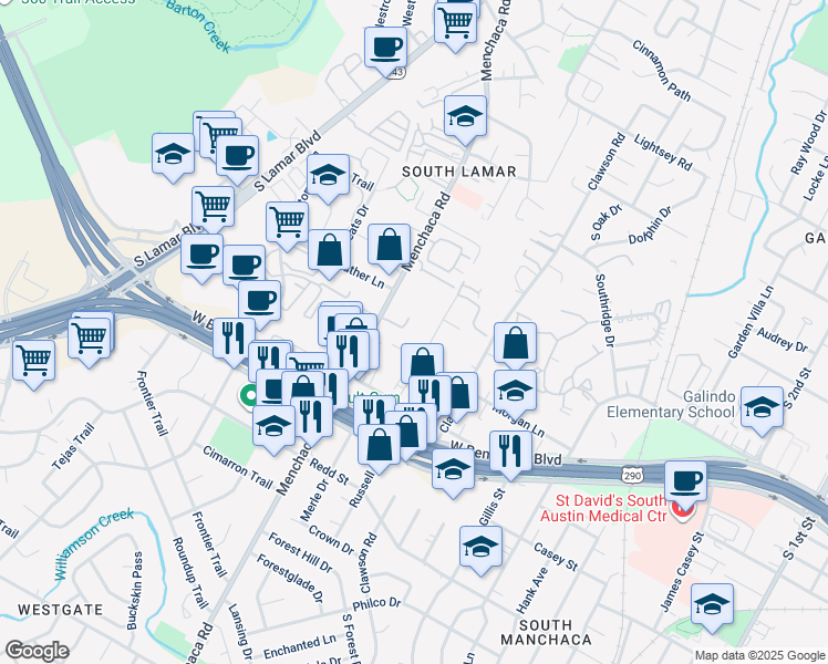 map of restaurants, bars, coffee shops, grocery stores, and more near 4006 Valley View Road in Austin