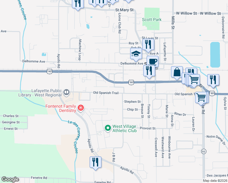 map of restaurants, bars, coffee shops, grocery stores, and more near 808 Old Spanish Trail in Scott