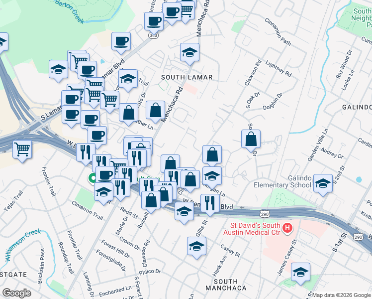 map of restaurants, bars, coffee shops, grocery stores, and more near 3915 Valley View Road in Austin