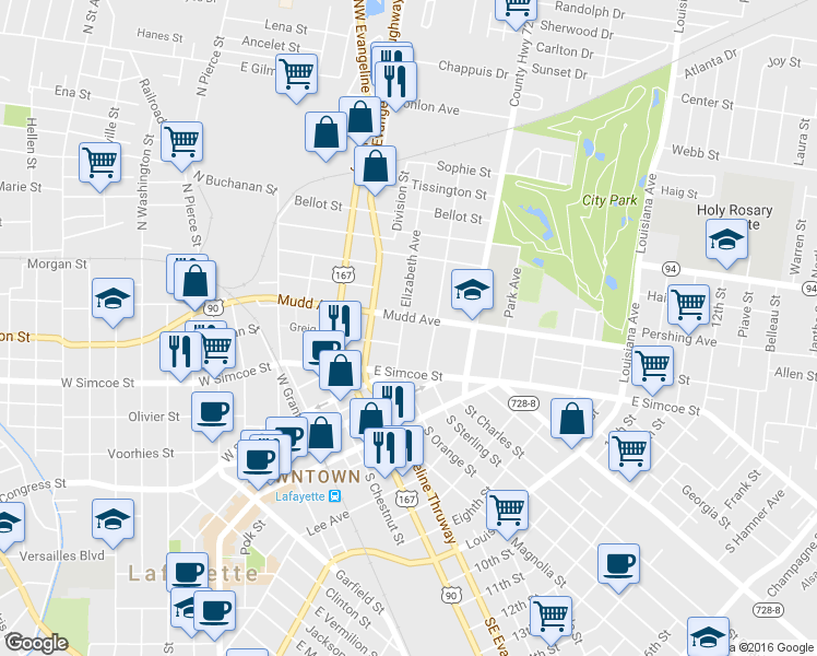 map of restaurants, bars, coffee shops, grocery stores, and more near 214 Elizabeth Avenue in Lafayette