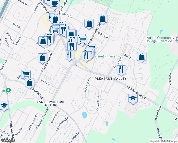 map of restaurants, bars, coffee shops, grocery stores, and more near 4700 East Riverside Drive in Austin
