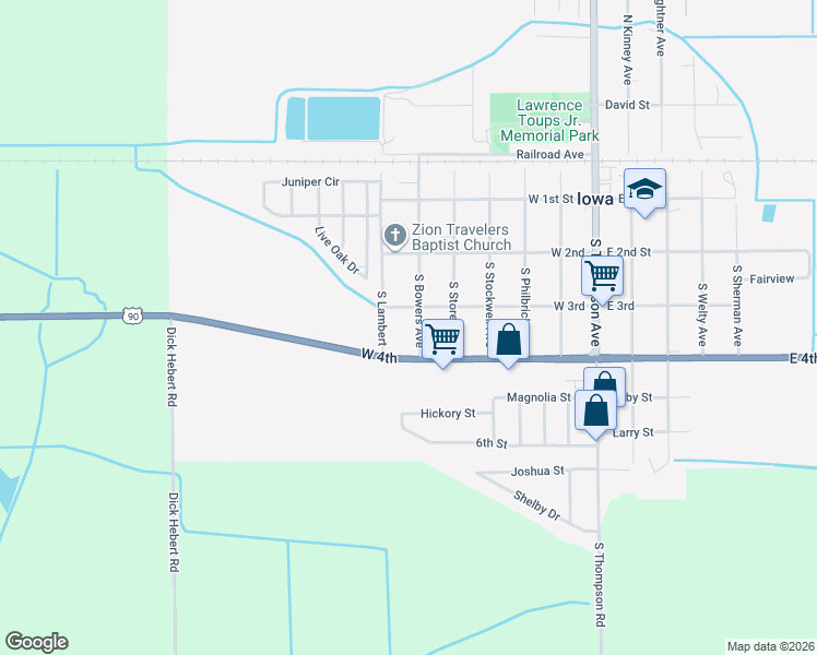 map of restaurants, bars, coffee shops, grocery stores, and more near 406 South Bowers Avenue in Iowa