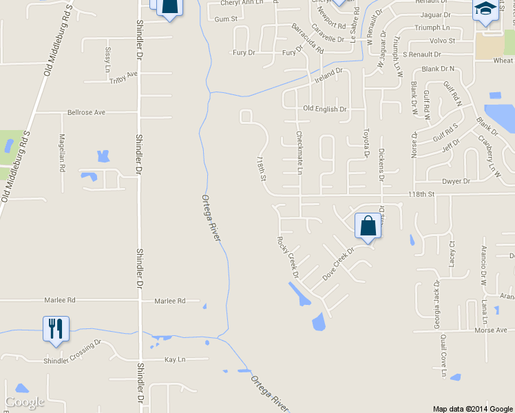 map of restaurants, bars, coffee shops, grocery stores, and more near 8366 Rocky Creek Dr in Jacksonville