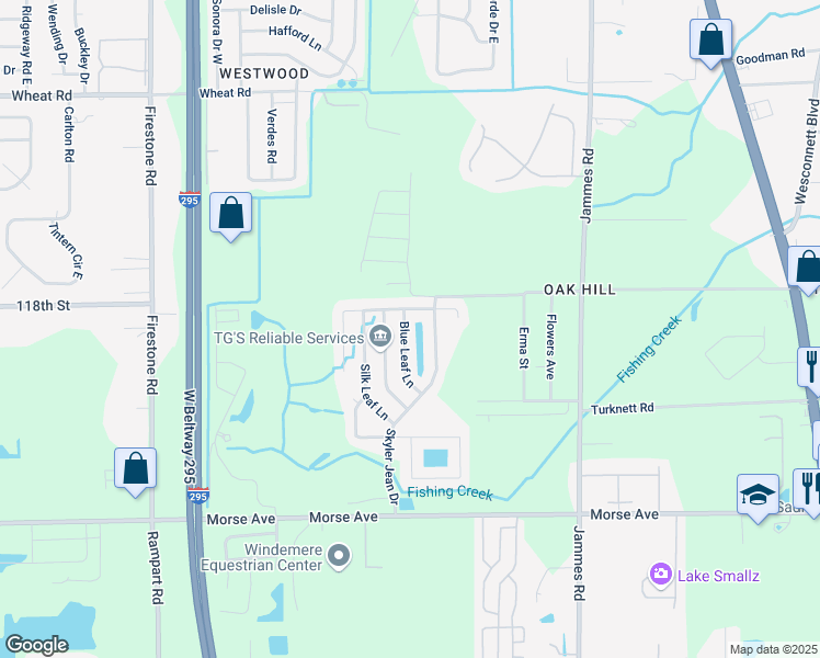map of restaurants, bars, coffee shops, grocery stores, and more near 6427 Blue Leaf Lane in Jacksonville