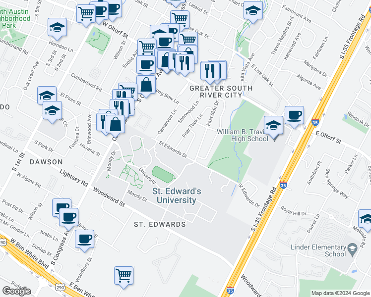 map of restaurants, bars, coffee shops, grocery stores, and more near 2706 Nottingham Lane in Austin