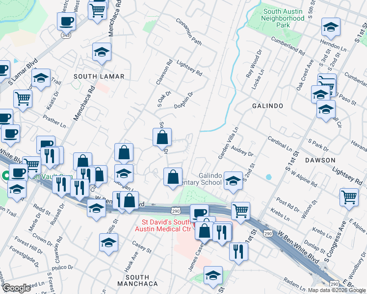 map of restaurants, bars, coffee shops, grocery stores, and more near 1202 Southport Drive in Austin