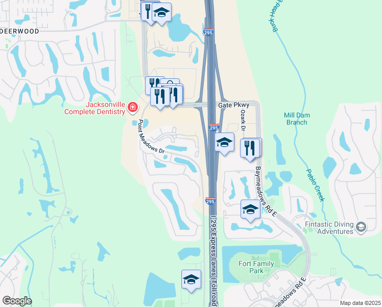 map of restaurants, bars, coffee shops, grocery stores, and more near 7801 Point Meadows Drive in Jacksonville